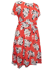 3VANS RED Floral Print Short Sleeve Belted Dress - Plus Size 16 to 32