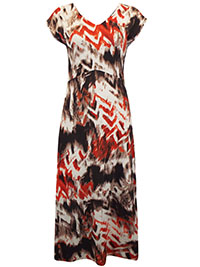 MULTI Earth And Fire Abstract Print Cap Sleeve Long Dress - Size 10 to 20