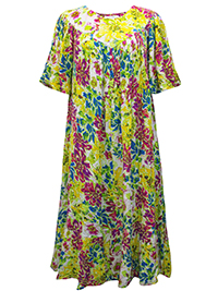 Go Softly YELLOW Floral Print Short Sleeve Crinkled Patio Dress - Size 6/8 to 26/28 (S to 3X)