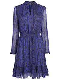 BLUE Snakeskin Print High Neck Shirred Waist Flippy Dress - Size 6 to 20