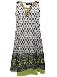 Jennifer Lauren IVORY Sleeveless Border Print Embellished Shift Dress - Plus Size 12 to 22 (US M to 3X)