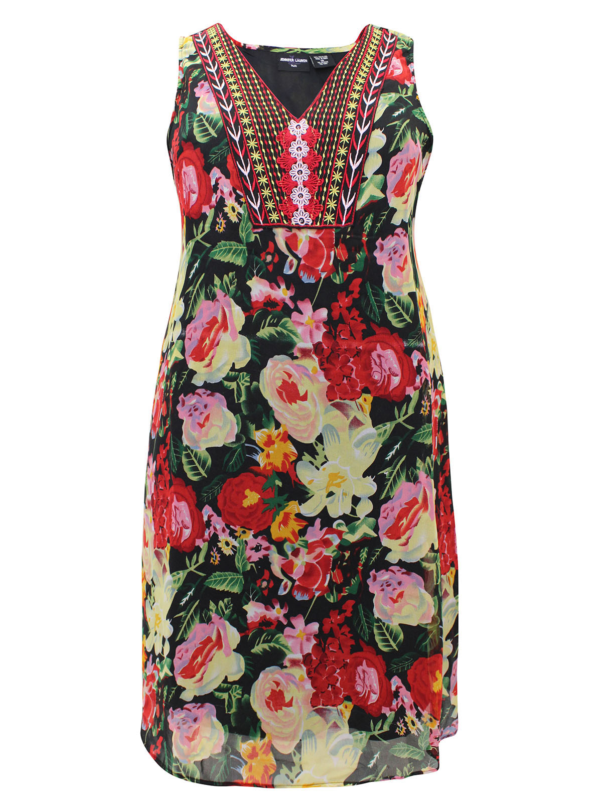 BLACK Sleeveless Floral Print Embroidered Shift Dress - Plus Size 12 to 22 (M to 3X)