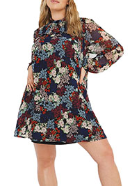 SimplyBe NAVY Floral Print Shirred High Neck Dress - Plus Size 14 to 32