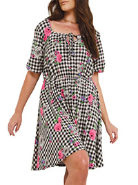 SimplyBe BLACK Supersoft Gingham Floral Print Skater Dress - Plus Size 16 to 32