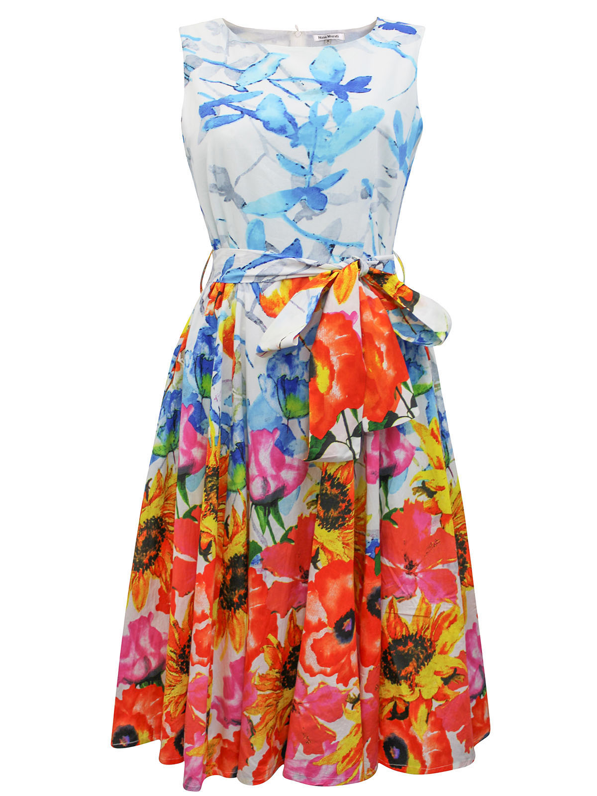 Nina Murati - - Nina Murati BLUE Floral Print Fit & Flare Belted Dress ...