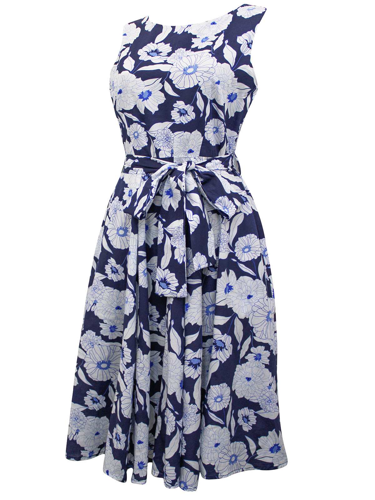 Nina Murati - - Nina Murati NAVY Floral Print Fit & Flare Belted Dress ...