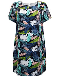 Hepburn NAVY Tropical Leaf Print Shift Dress - Plus Size 12 to 18 (S to XL)