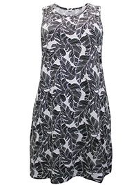 BPC WHITE/BLACK Pure Cotton Sleeveless Leaf Print Dress - Size 10/12 to 14/16 (S to M)