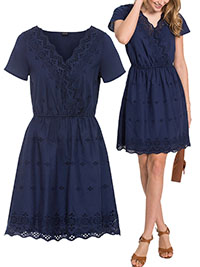 Body Flirt NAVY Pure Cotton Mock Wrap Cutwork Dress - Size 10 to 28