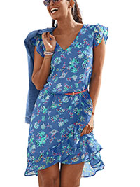 Blancheporte BLUE Floral Print Frill Wrap Dress - Size 10 to 26