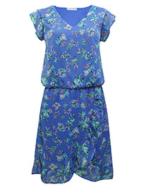 Blancheporte BLUE Floral Print Frill Wrap Dress - Size 10 to 26