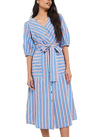 BLUE Striped Linen Tie Waist Dress - Plus Size 14 to 20