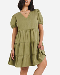 SimplyBe KHAKI Tiered Linen Smock Dress - Plus Size 16 to 32