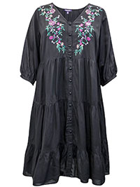 BLACK Floral Embroidered Button Through Tiered Dress - Plus Size 16/18 to 20/22 (US M to L)