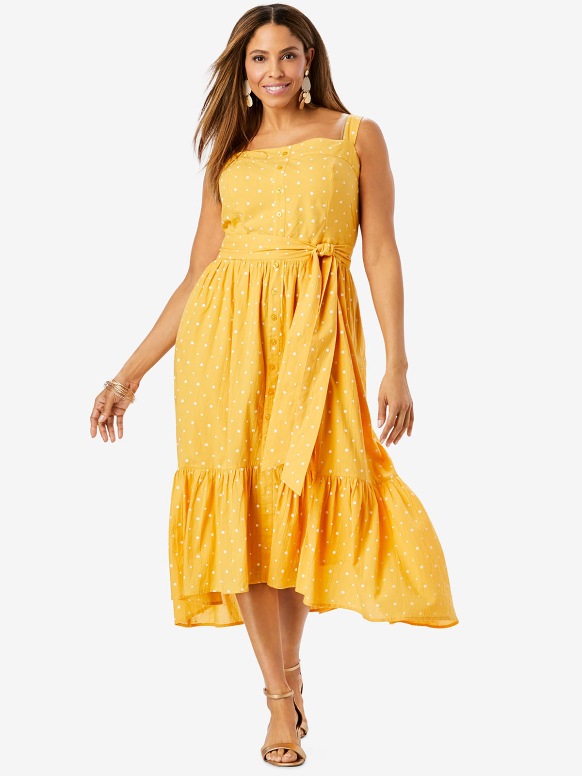 Jessica London - - Jessica London YELLOW Polka Dot Belted Midi Dress ...