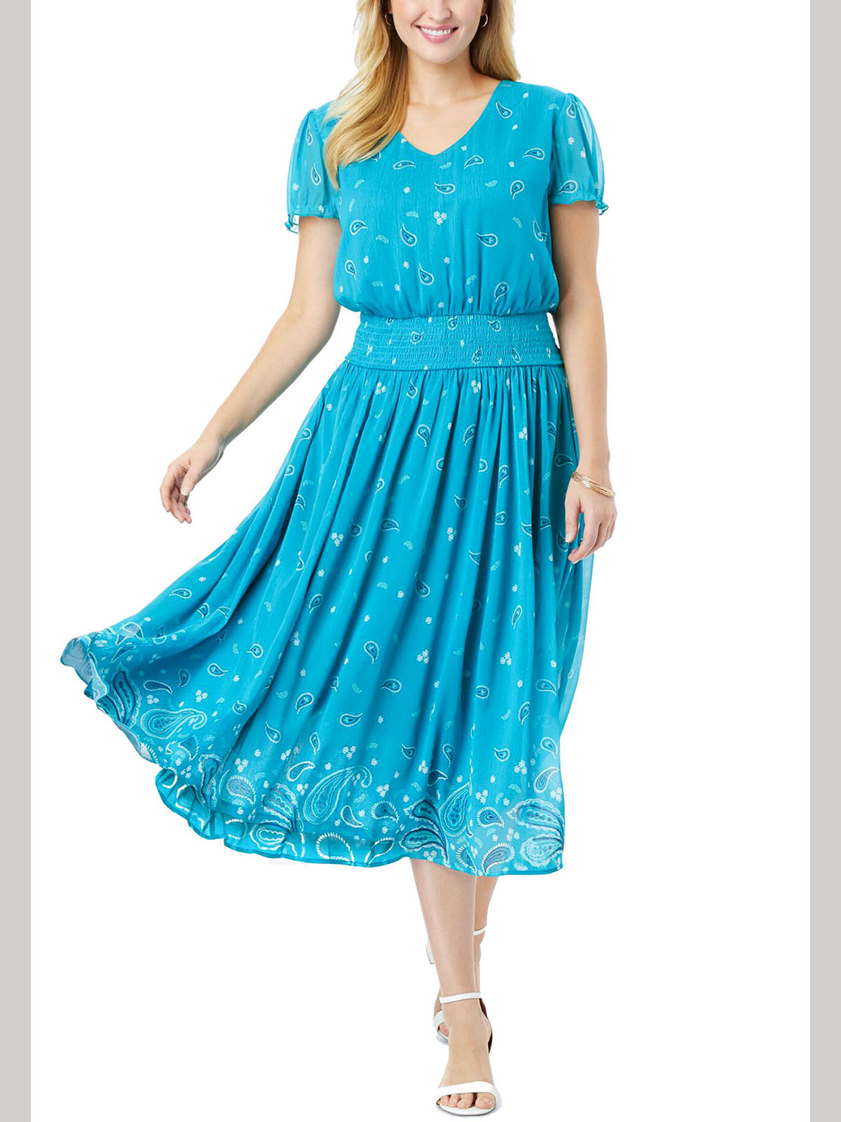 Jessica London - - Jessica London TURQUOISE Paisley Print Smocked Waist  Dress - Plus Size 14 to 30