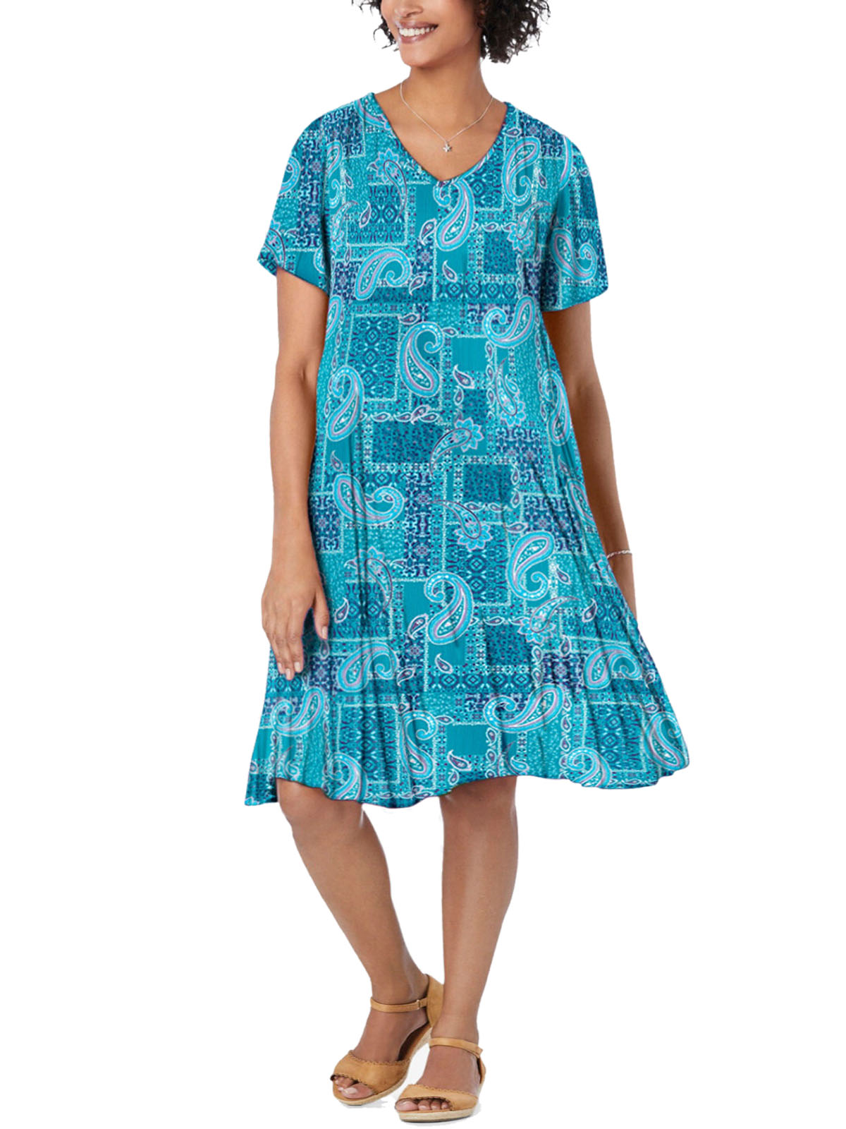 Woman Within Aqua Floral Print Short Sleeve Crinkle Dress Plus Size 22 To 36 Us 20w To 34w