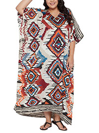 MULTI Aztec Print V-Neck Kaftan Maxi Dress - Plus Size 18 to 28 (Onesize)