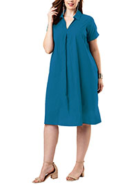 BLUE Pure Cotton Swing Shirt Dress - Plus Size 18 to 36 (US 16W to 34W)