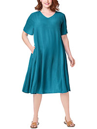 TEAL Short Sleeve Knee Length Crinkle Dress - Plus Size 18 to 24 (US 16W to 22W)