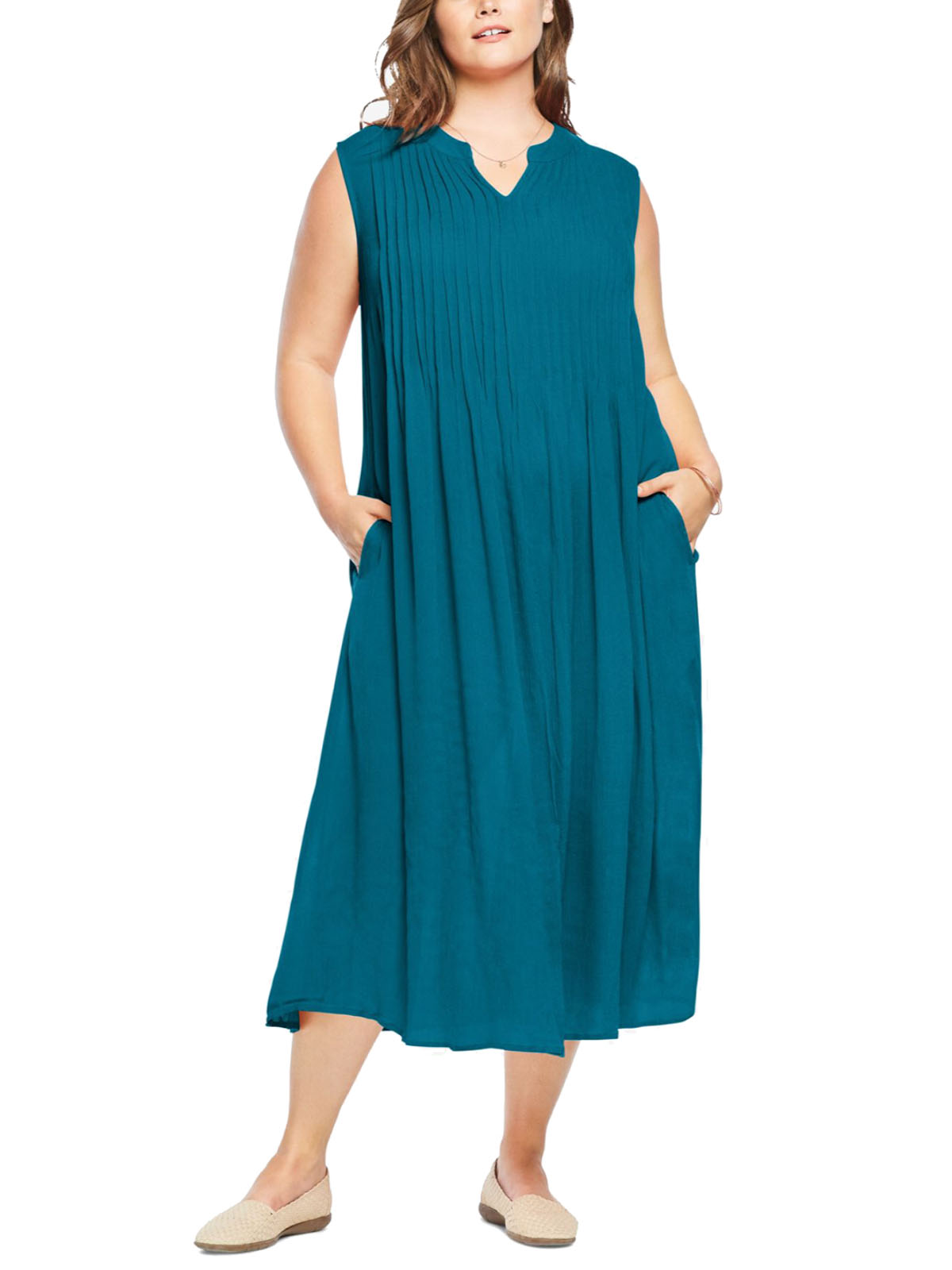 Woman Within - - TEAL Sleeveless Pintuck Crinkle Dress - Plus Size 30 ...