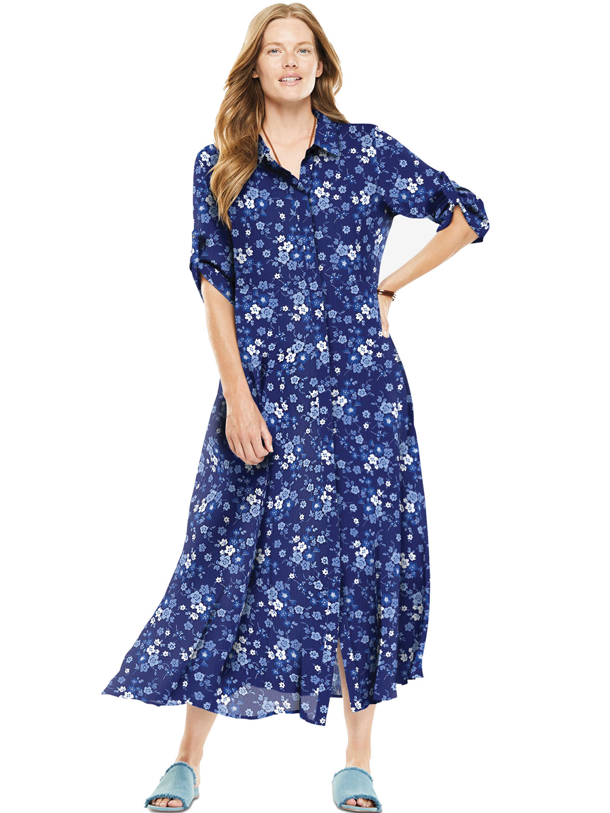 Woman Within - - BLUE Floral Print Roll Sleeve Crinkle Shirt Dress ...