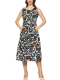 BLACK Sleeveless Floral Print Skater Pocket Dress By CurvyYou - Size 10 to 18 (S to 1X)