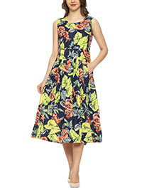 NAVY Sleeveless Floral Print Skater Pocket Dress By CurvyYou - Size 10 to 18 (S to 1X)