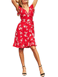 RED Floral Print Ruffle Hem Wrap Dress - Size 8 to 18