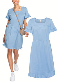 BLUE Pure Cotton Frill Trim Dress - Size 10/12 to 30/32 (S to 3XL)