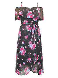 BLACK Floral Printed Georgette Bardot Wrap Midi Dress - Plus Size 16 to 32