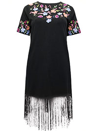 BLACK Floral Embroidered Fringe Hem Dress - Size 10
