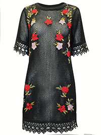 BLACK Floral Embroidered Crochet Mini Dress - Size 4 to 10