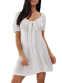WHITE Pure Cotton Lace Panel Mini Dress - Size 2 to 20