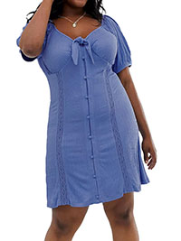 BLUE Puff Sleeve Knot Front Button Through Sundress - Size 4 to 28