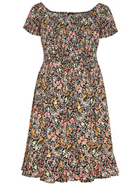 Curve BLACK Ditsy Floral Shirred Bardot Dress - Plus Size 16 to 38/40