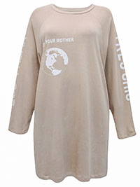 BEIGE Pure Cotton 'Eco Freak' Long Sleeve T-Shirt Dress - Size 8 to 16