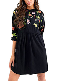 BLACK Pure Cotton 3/4 Sleeve Floral Embroidered Smock Dress - Size 4 to 20