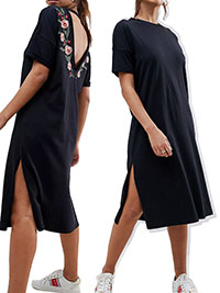 BLACK Floral Embroidered V-Back Midi T-Shirt Dress - Size 8 to 20