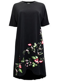 BLACK Pure Cotton Floral Embroidered Drop Hem T-Shirt Dress - Size 6 to 28