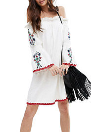 IVORY Cotton Rich Embroidered Sleeve Bardot Dress - Size 4 to 18