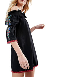 BLACK Cotton Rich Embroidered Sleeve Off Shoulder Dress - Size 6 to 18