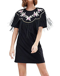 BLACK Pure Cotton Embroidered Fringe Detail T-Shirt Dress - Size 4 to 18
