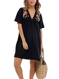 BLACK Pure Cotton Floral Embroidered Smock Dress - Size 4 to 26