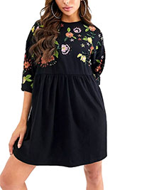 BLACK Pure Cotton 3/4 Sleeve Floral Embroidered Smock Dress - Size 4 to 16