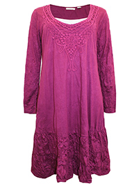 DEEP-MAGENTA Crochet Lace Long Sleeve Crinkle Dress - Size 10/12 to 22/24 (S to XL)