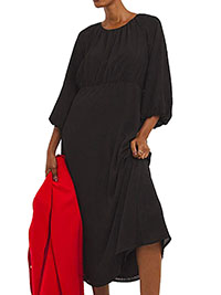 BLACK Textured Puff Sleeve Tie Back Smock Dress - Size 10 to 26