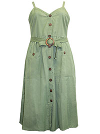 GREEN Button Through Sleeveless Belted Dress - Plus Size 16/18 to 24/26 (1X to 3X)