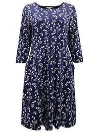 SS NAVY Scattered Seed 3Q Sleeve April Midi Dress - Plus Size 14 to 24