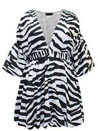 BLACK/WHITE Zebra Print Volume Sleeve Puffball Hem Dress - Plus Size 16 to 30
